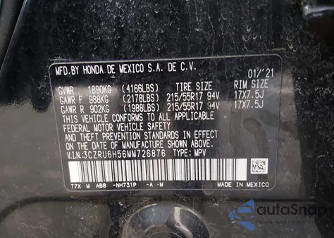 2021 Honda Hr-V Awd Ex z USA, uszkodzony, nr VIN 3CZRU6H56MM726876